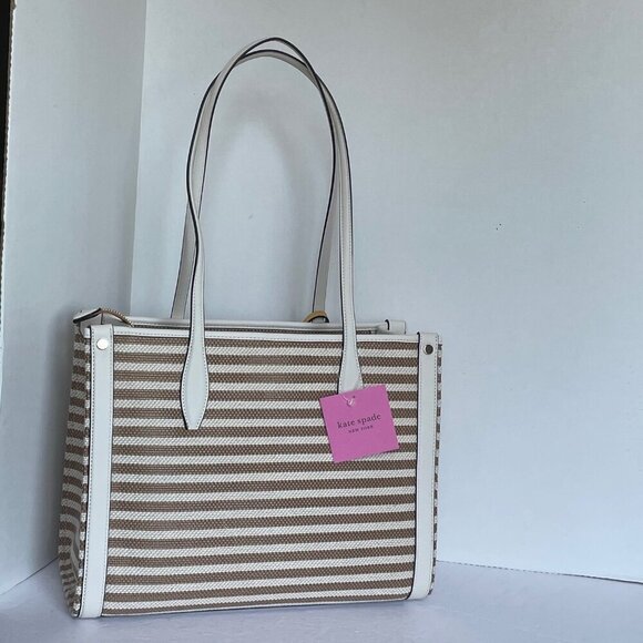 Kate Spade Market Stripe Medium Tote Beige Stripe Canvas Zip Shoulder Bag - Picture 3 of 10